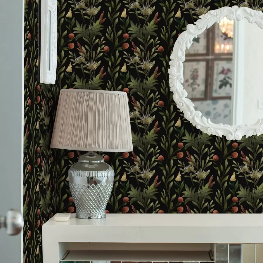 murais de parede Ervas altas e flores em preto, estampado detalhado a00620