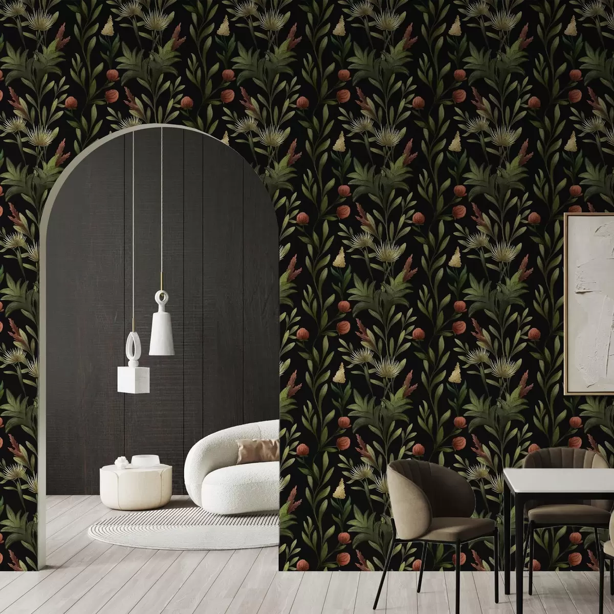 Papel de parede Ervas altas e flores em preto, estampado detalhado a00620