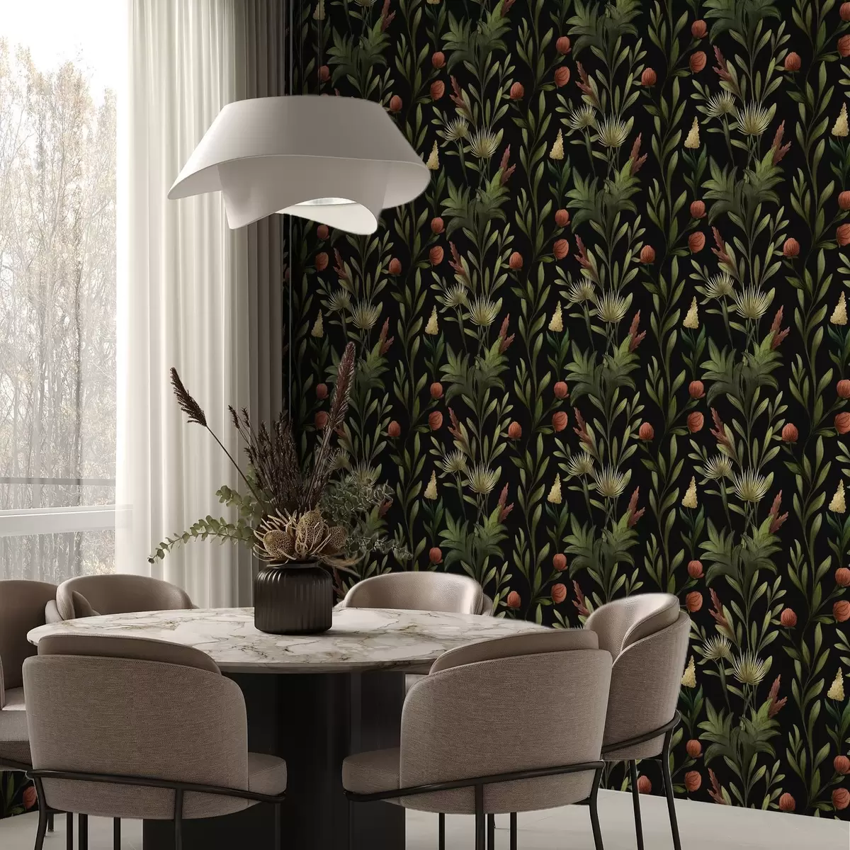 Papel de parede Ervas altas e flores em preto, estampado detalhado a00620