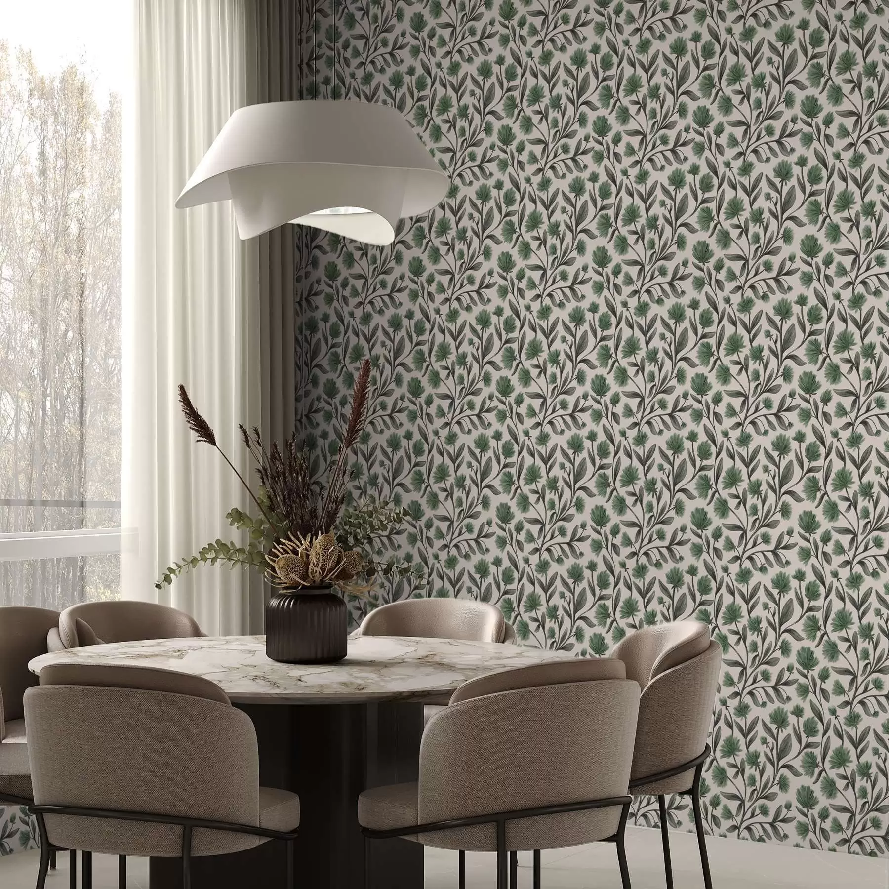 murais de parede Flores silvestres numa paleta verde sobre fundo creme a00623v3