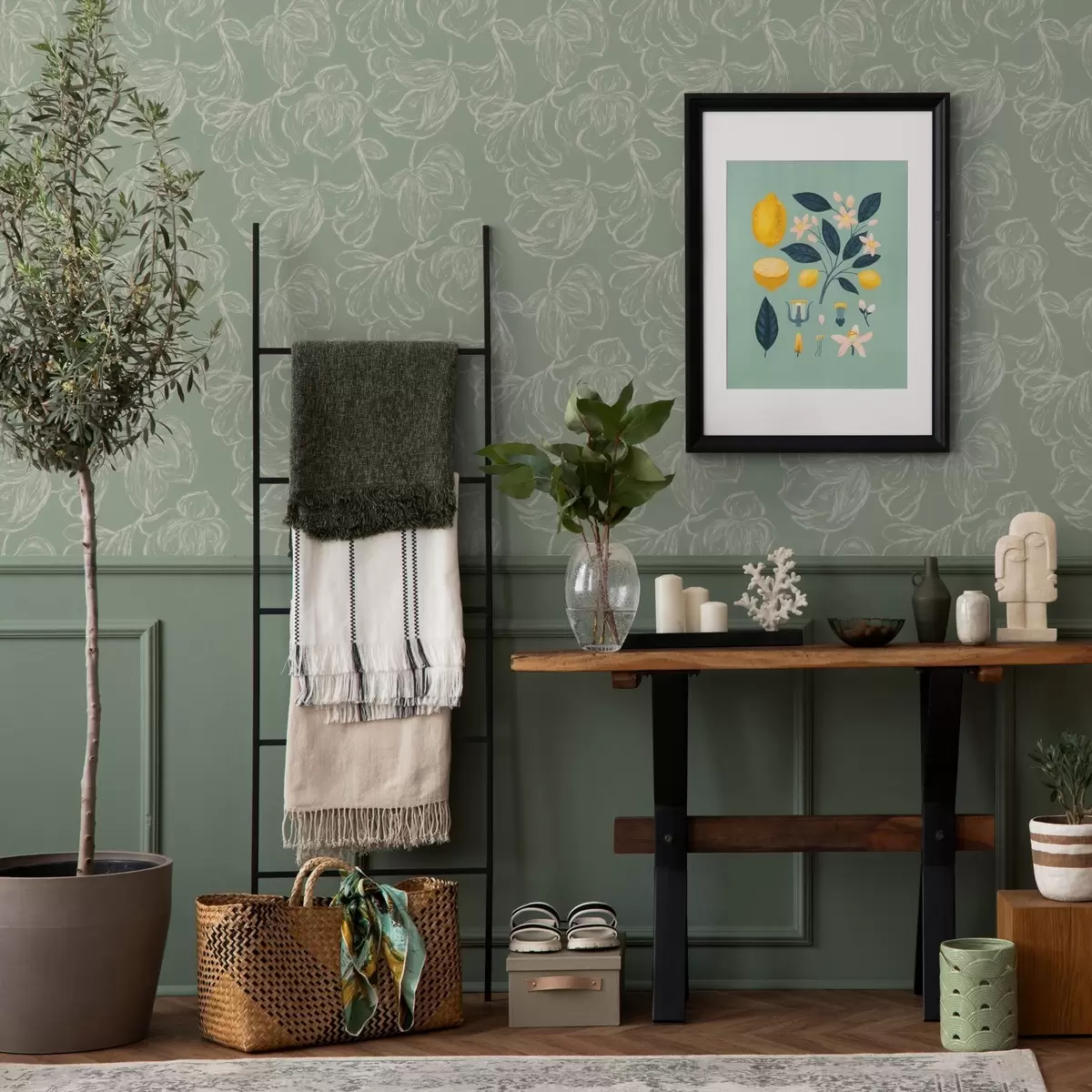 Papel de parede Flores grandes lineares, traços a giz sobre fundo salvia a00625v1