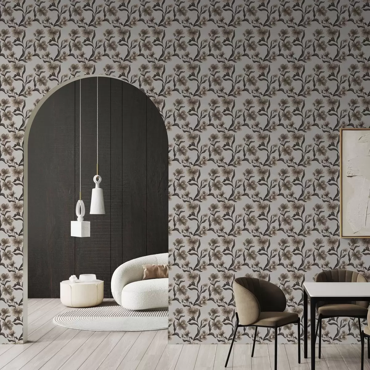 Papel de parede Flores bege e ramos escuros sobre um fundo cinza claro a00626v1