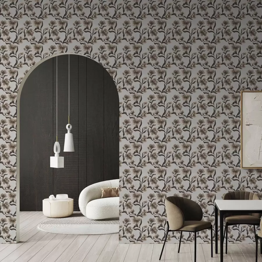 murais de parede Flores bege e ramos escuros sobre um fundo cinza claro a00626v1