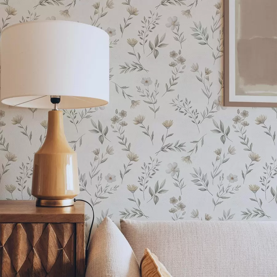 murais de parede Pequenos galhos e flores pintados em aquarela sobre um fundo claro a00665