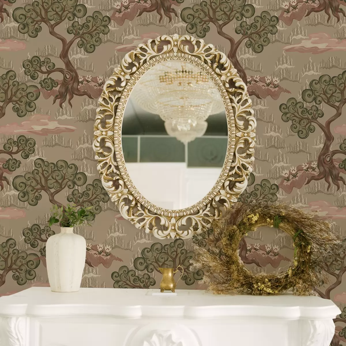 Papel de parede Paisagem oriental com árvores caprichosas sobre um fundo arenoso a00715