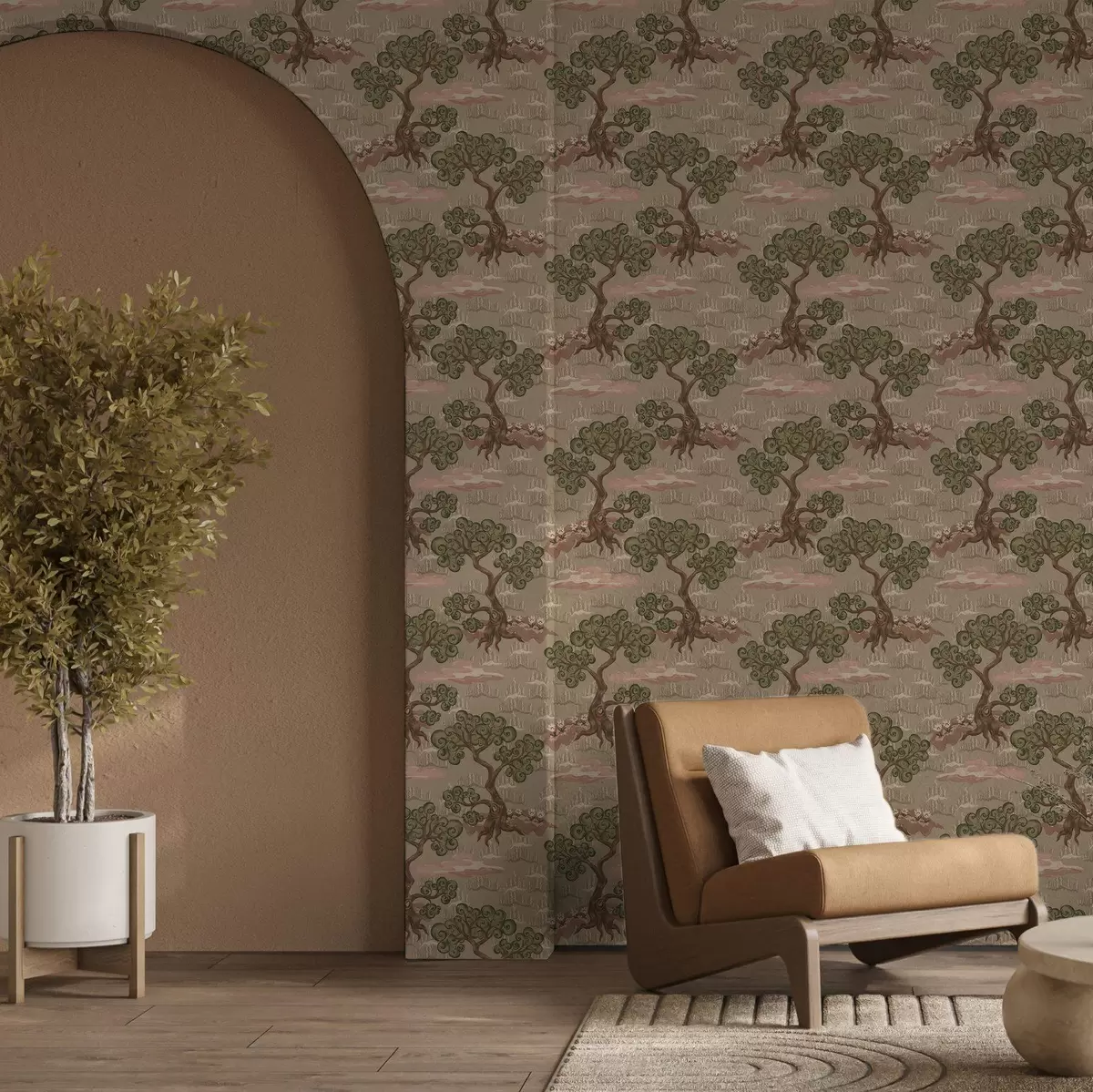 Papel de parede Paisagem oriental com árvores caprichosas sobre um fundo arenoso a00715