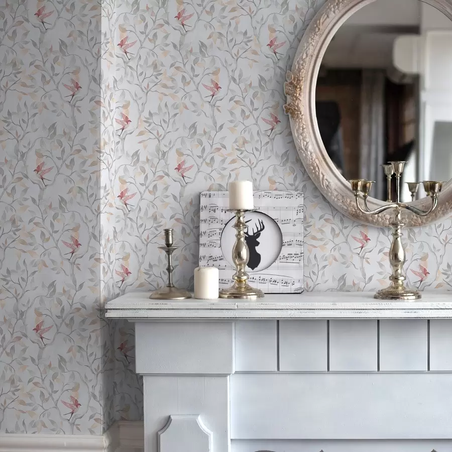 murais de parede Galhos leves com folhas e pássaros em tons de pêssego a00716