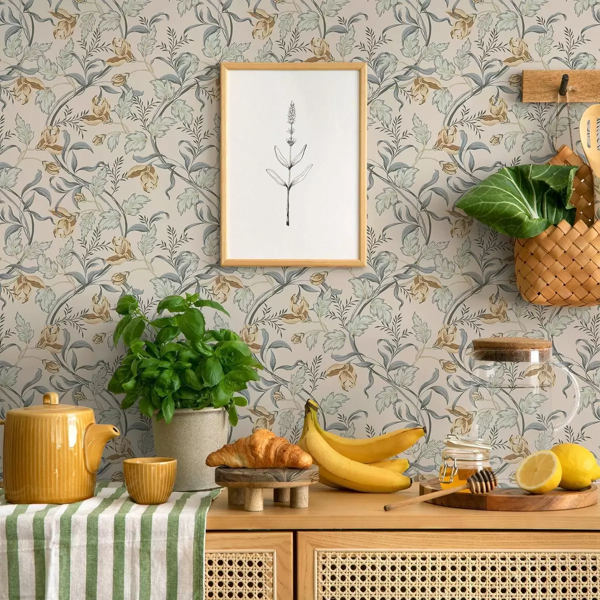 Papel de parede Flores vintage com folhagem azul sobre fundo creme a00717