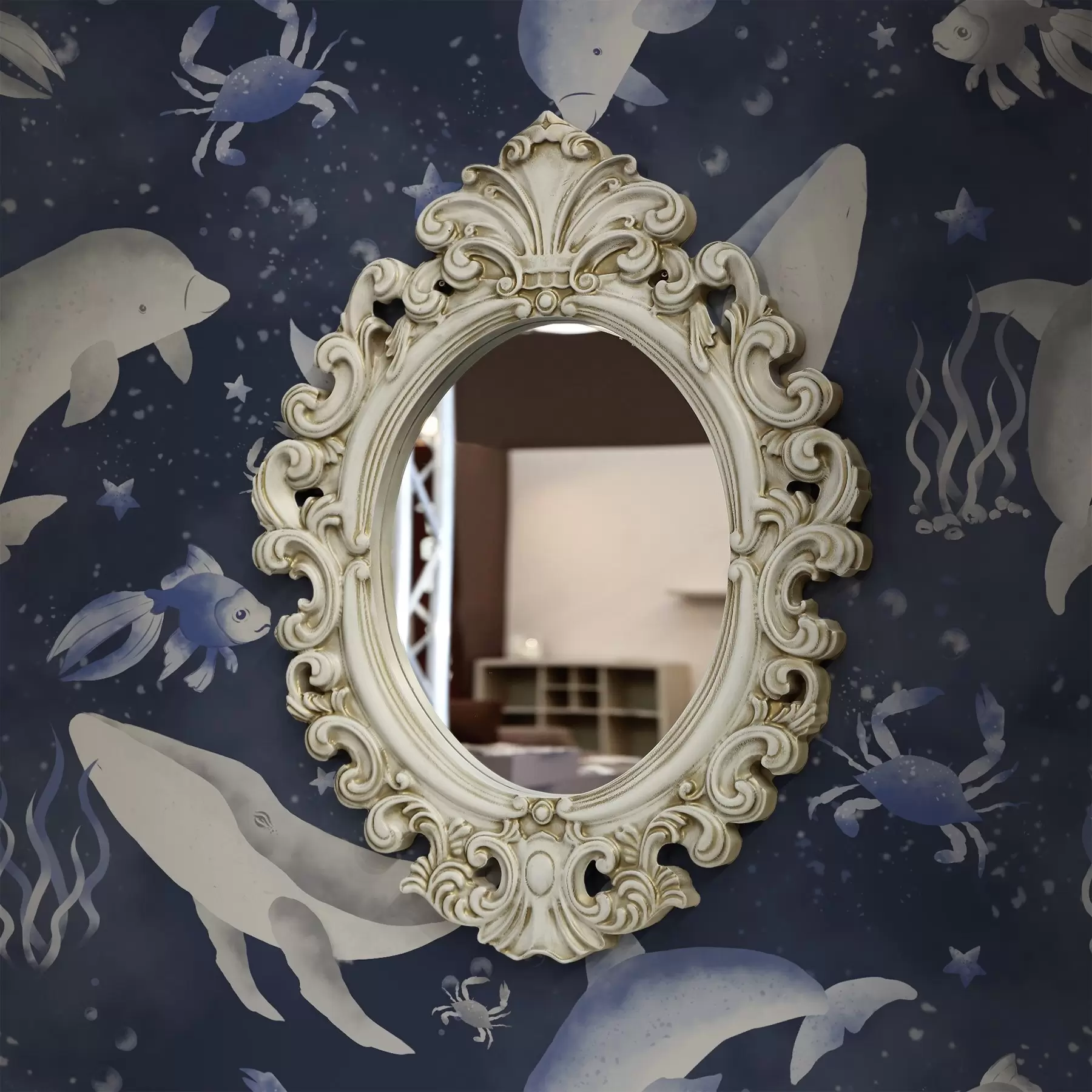 murais de parede Baleias marinhas, golfinhos e caranguejos sobre um fundo azul escuro a00720