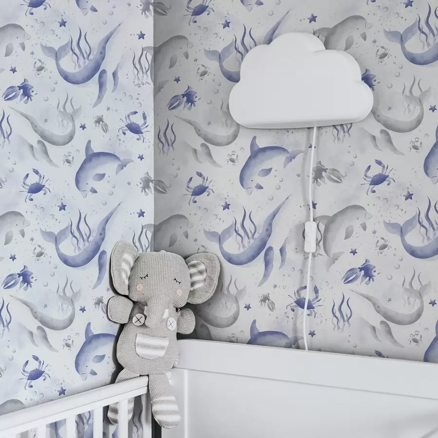 murais de parede Baleias e golfinhos marinhos em tons de azul sobre fundo branco a00720v1