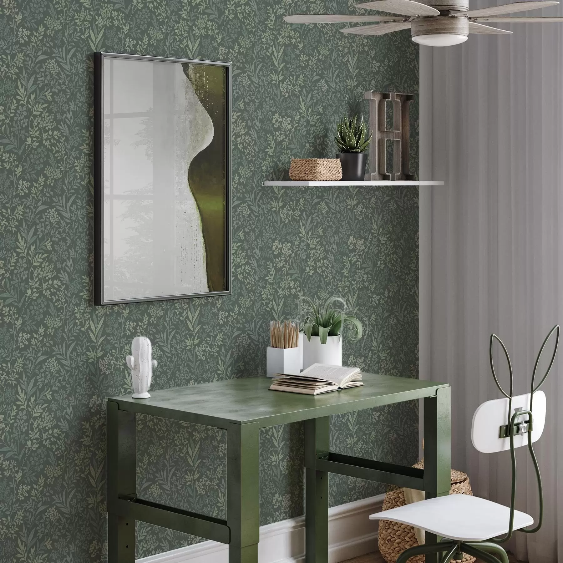 murais de parede Ervas e bagas esmeraldas, padrão botânico requintado a00740