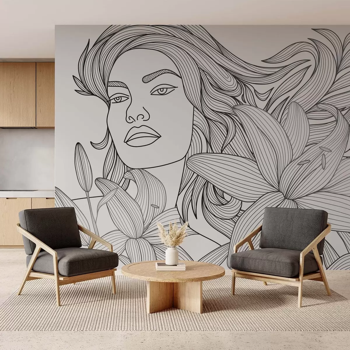 murais de parede Retrato de uma menina entre flores de lírio w04689