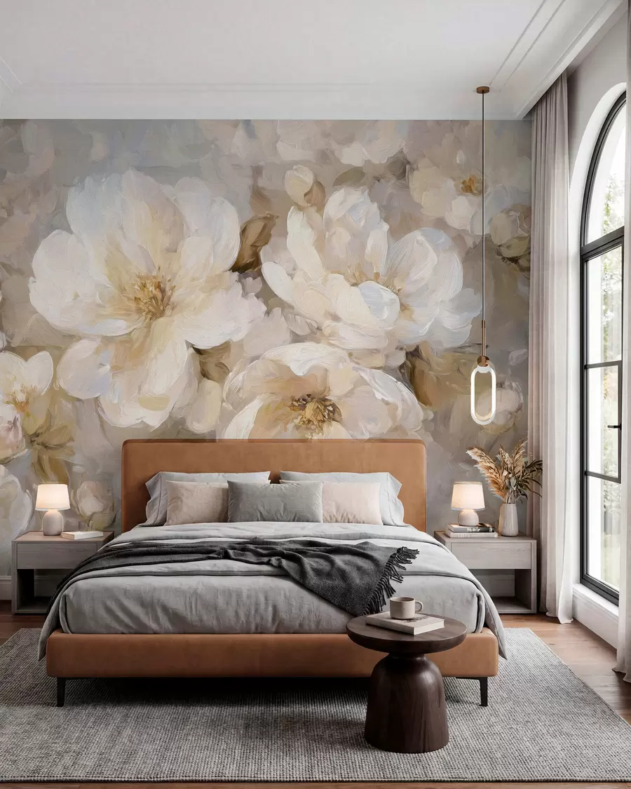murais de parede flores grandes em tons de branco e bege no estilo de pintura a óleo w04633