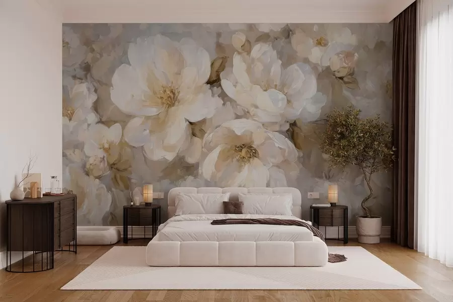 murais de parede flores grandes em tons de branco e bege no estilo de pintura a óleo w04633