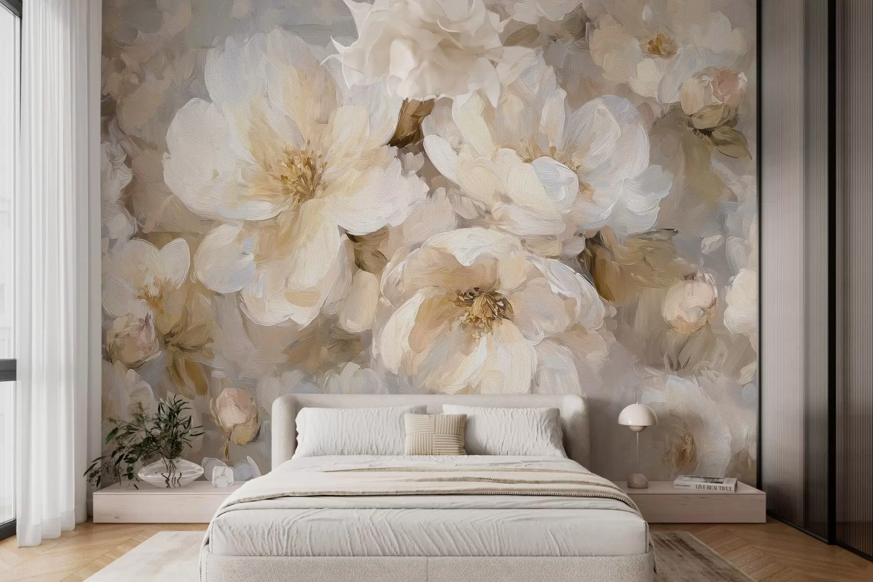 murais de parede flores grandes em tons de branco e bege no estilo de pintura a óleo w04633