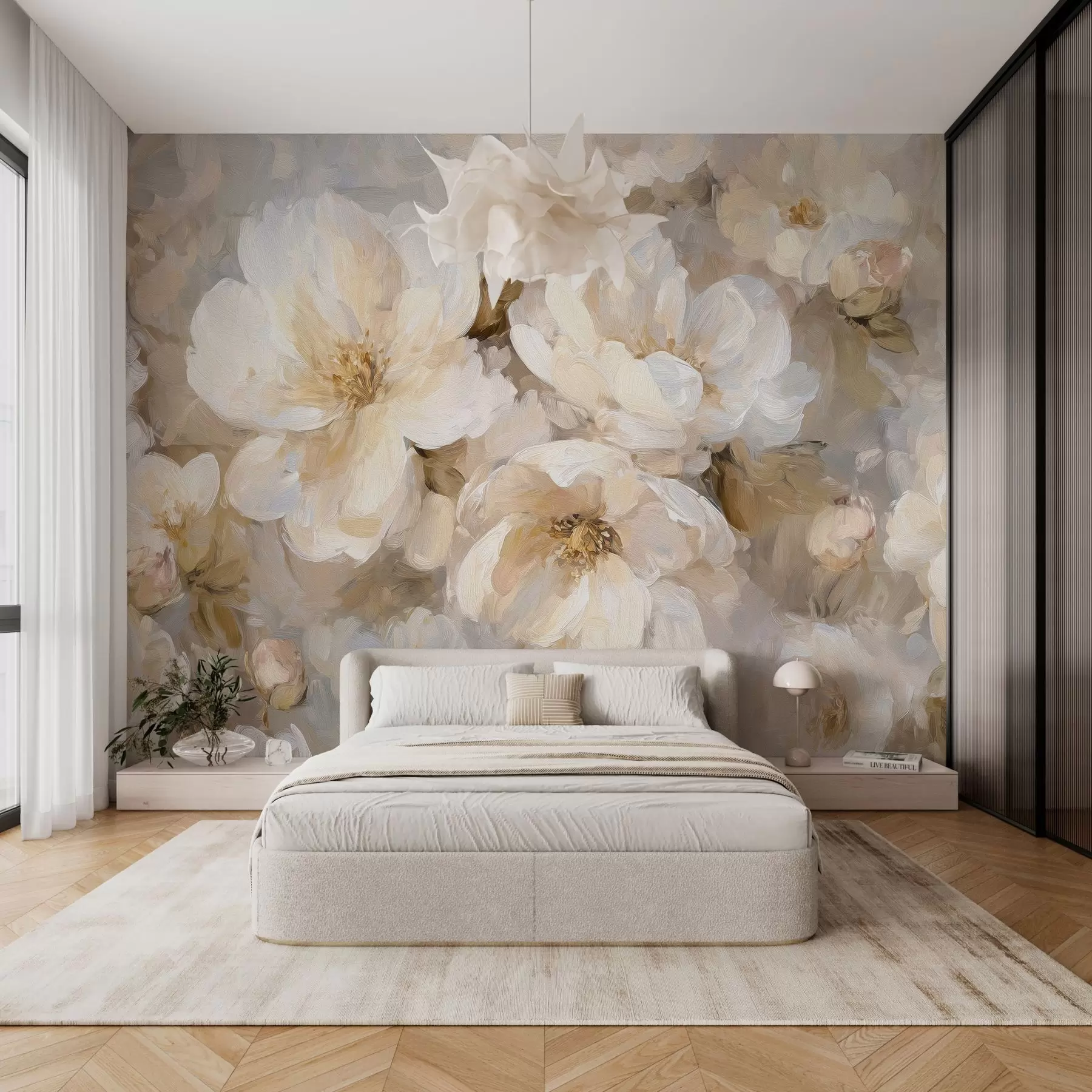 murais de parede flores grandes em tons de branco e bege no estilo de pintura a óleo w04633