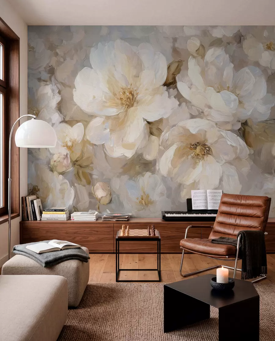 murais de parede flores grandes em tons de branco e bege no estilo de pintura a óleo w04633