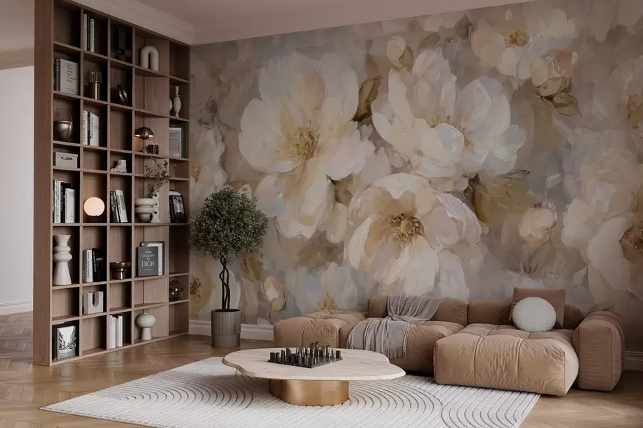 murais de parede flores grandes em tons de branco e bege no estilo de pintura a óleo w04633
