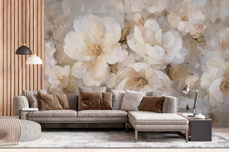 murais de parede flores grandes em tons de branco e bege no estilo de pintura a óleo w04633