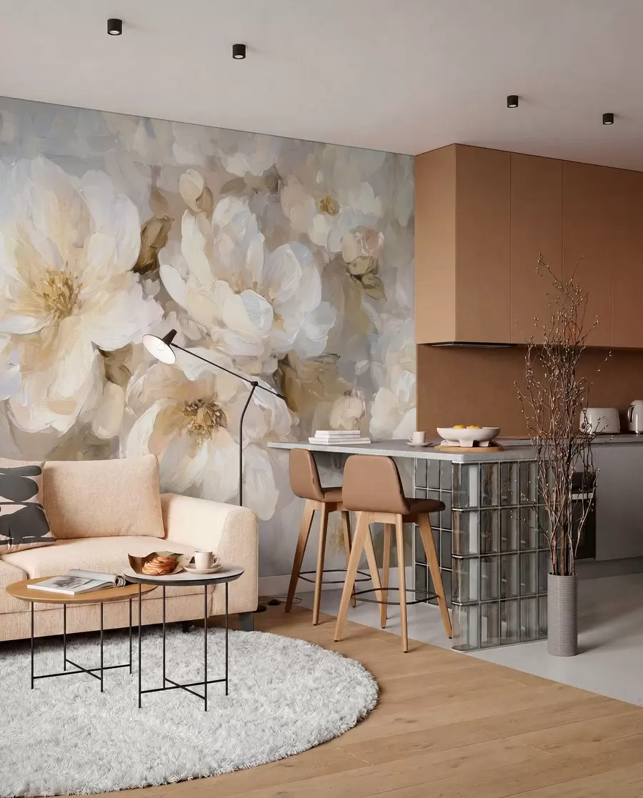 murais de parede flores grandes em tons de branco e bege no estilo de pintura a óleo w04633