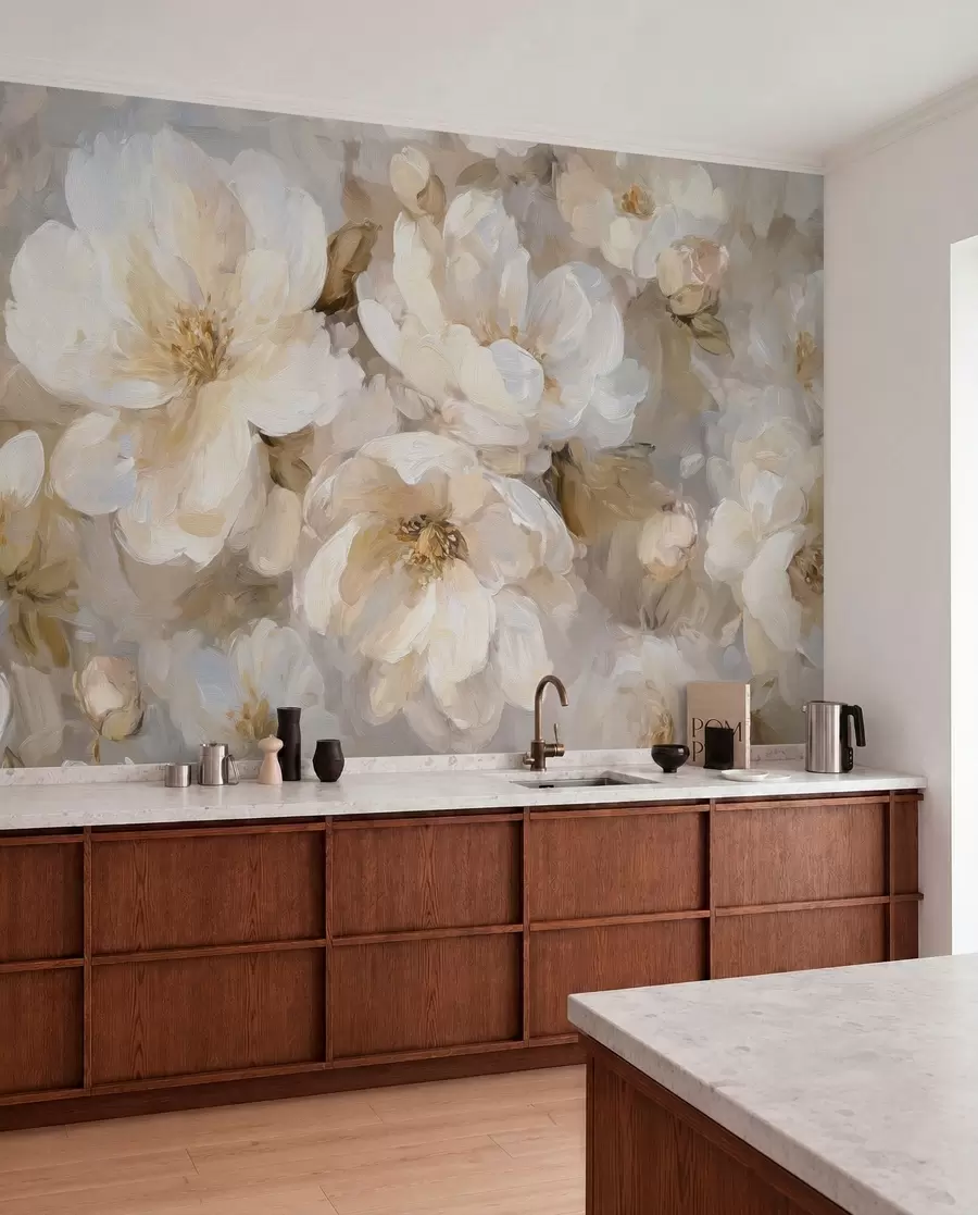 murais de parede flores grandes em tons de branco e bege no estilo de pintura a óleo w04633