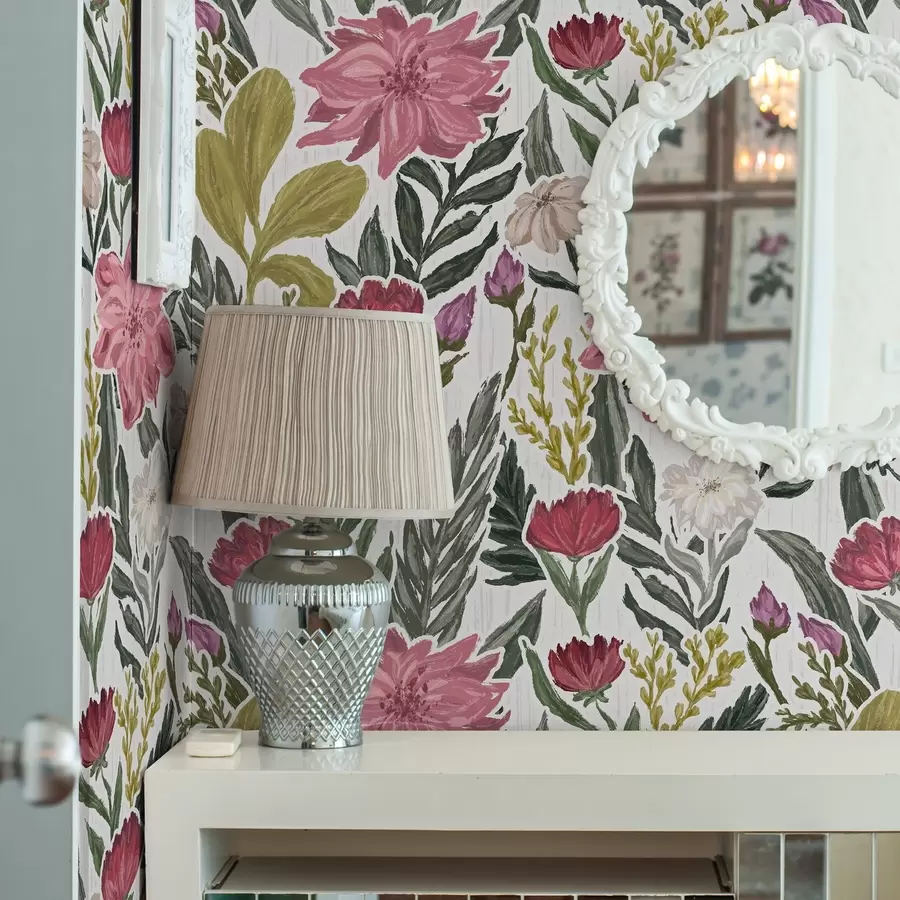 murais de parede Flores exuberantes em tons de rosa e creme sobre fundo branco, textura impasto a00629v1