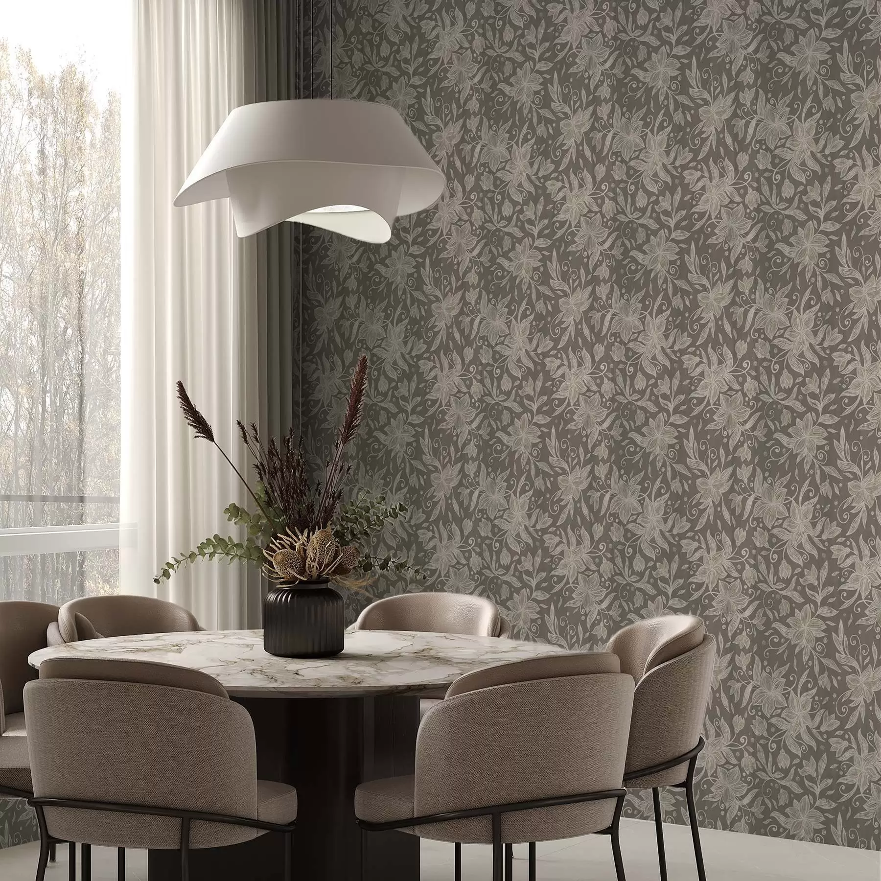 murais de parede Flores lineares leves, volutas decorativas a00630v1