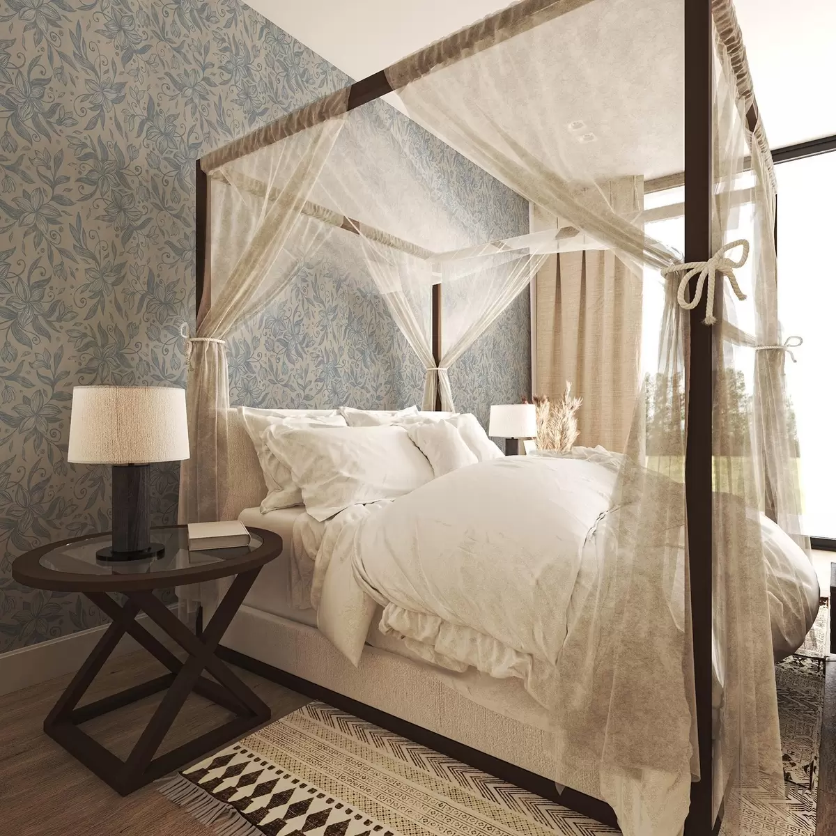 Papel de parede Padrão floral linear azul sobre bege quente a00630v2