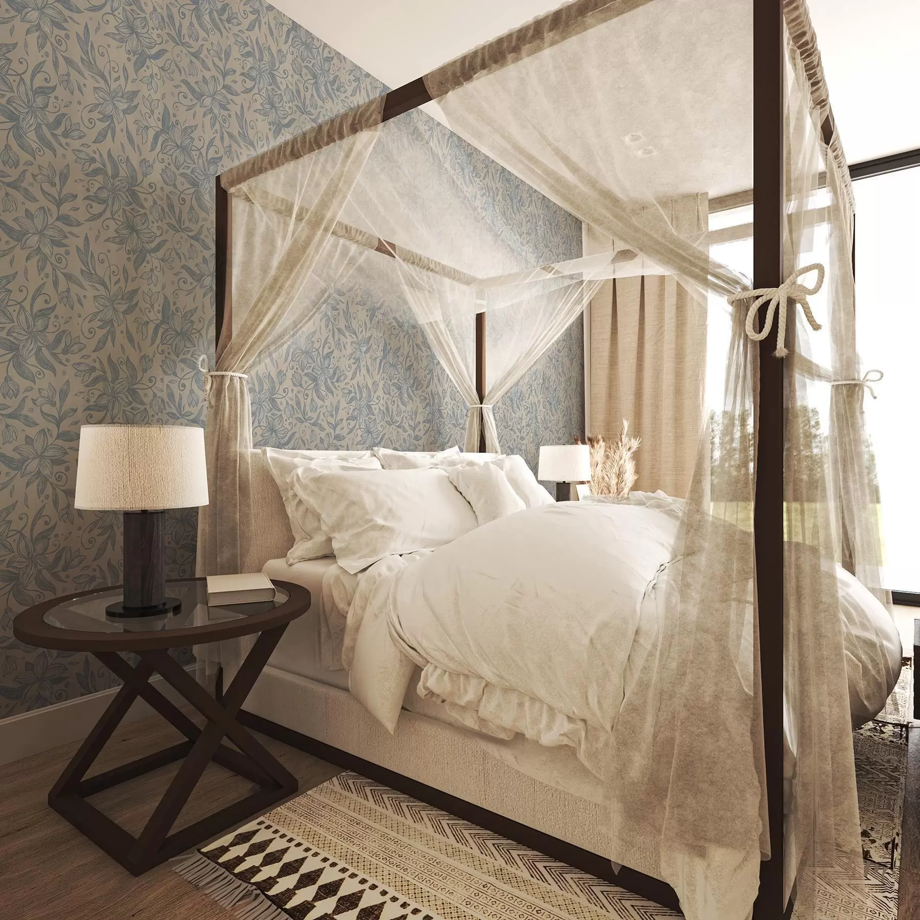 murais de parede Padrão floral linear azul sobre bege quente a00630v2