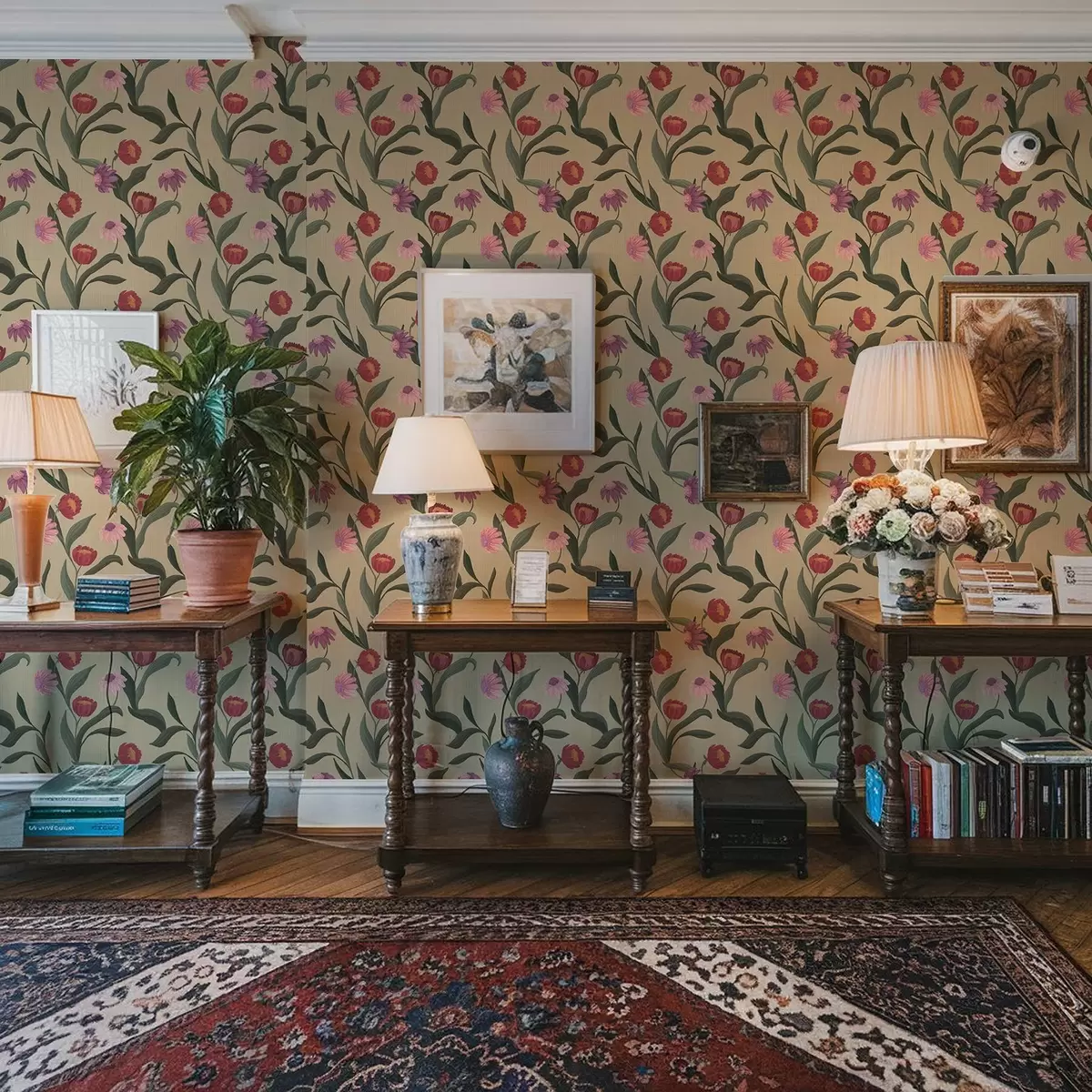 Papel de parede Flores rosa-avermelhadas sobre fundo bege, textura desenhada à mão a00631