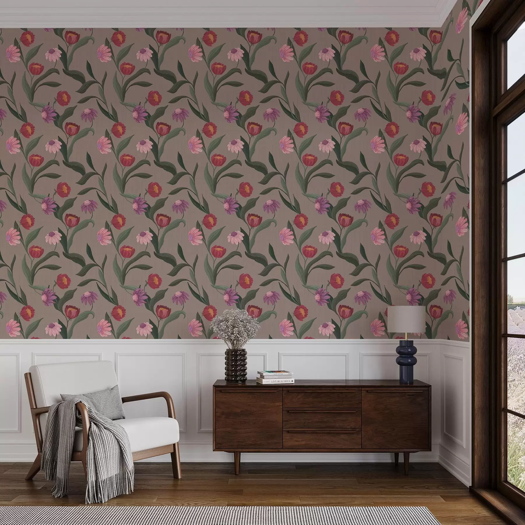 murais de parede Flores rosa-avermelhadas sobre fundo cinza-escuro, hastes longas a00631v2