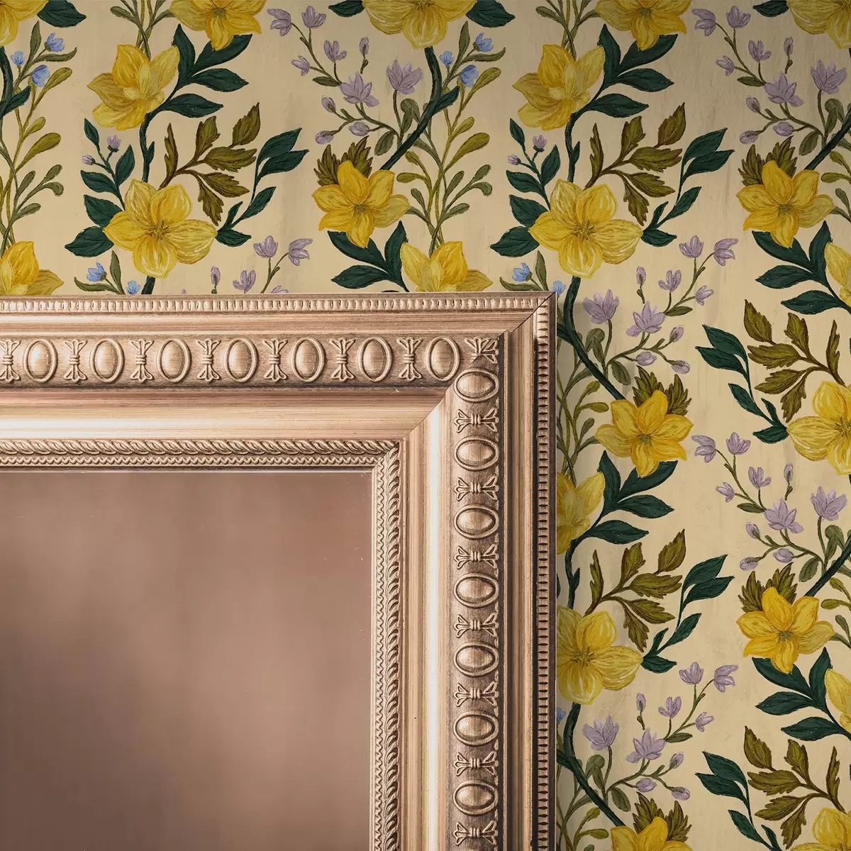 Papel de parede Flores amarelas em guirlandas verticais sobre fundo creme a00632