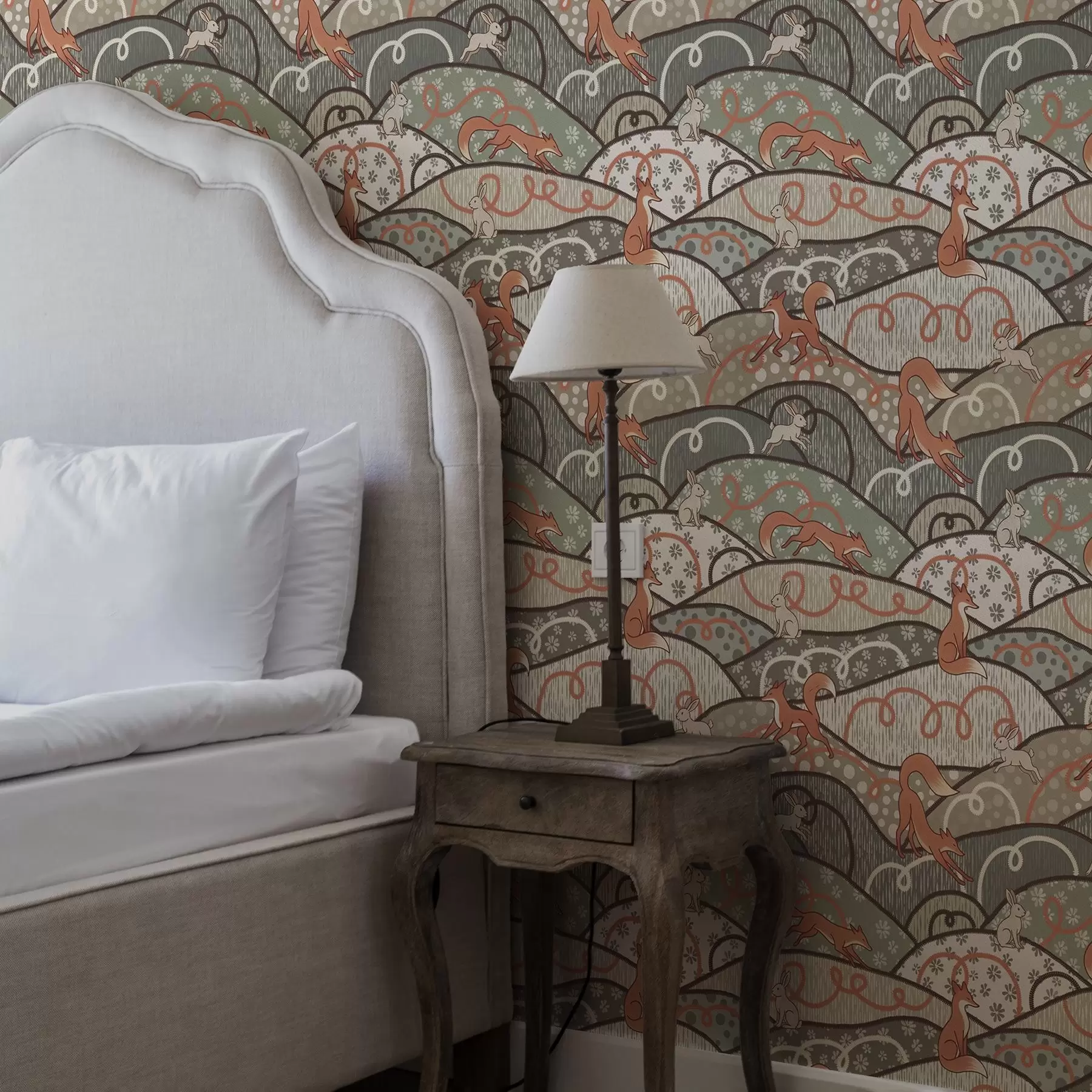 murais de parede Raposas e lebres em colinas onduladas, padrão retro a00690