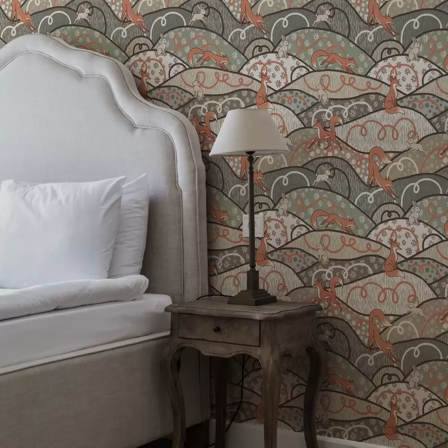 murais de parede Raposas e lebres em colinas onduladas, padrão retro a00690