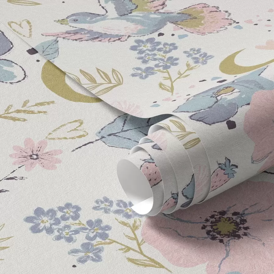 murais de parede Pássaros e flores em tons pastel com luas crescentes sobre fundo branco a00721