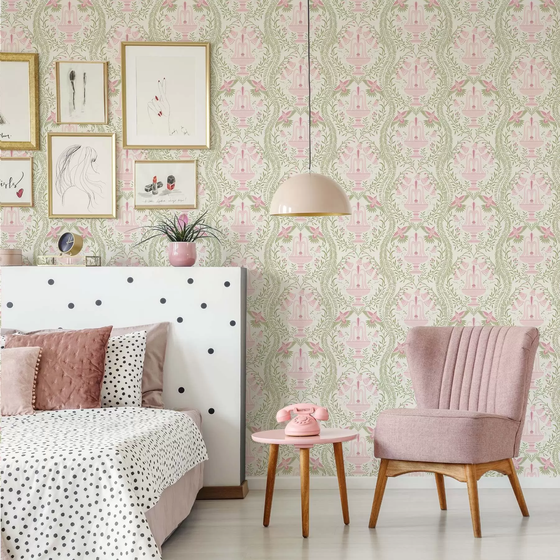 murais de parede Fontes, beija-flores e arabescos verdes sobre um fundo claro a00723