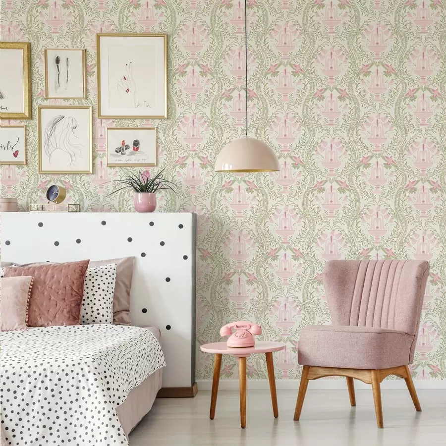 murais de parede Fontes, beija-flores e arabescos verdes sobre um fundo claro a00723