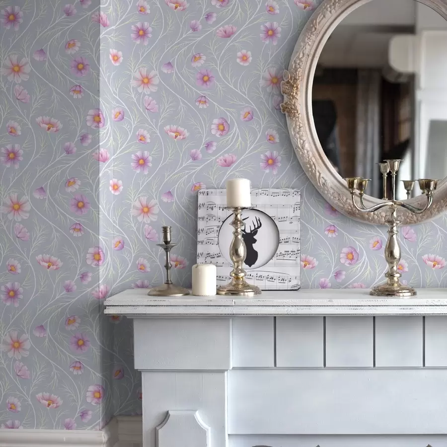 murais de parede Cosmos rosa e hastes delgadas sobre fundo cinzento a00791