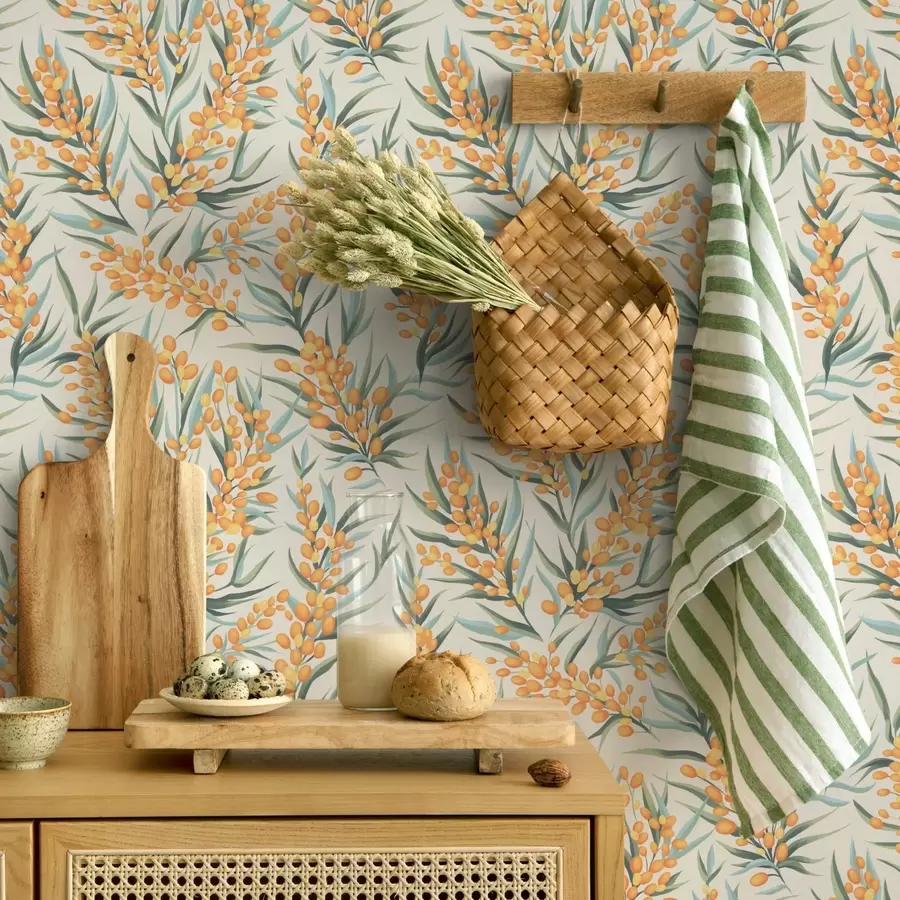 murais de parede Galhos de espinheiro-marítimo com bagas alaranjadas, fundo claro a00792