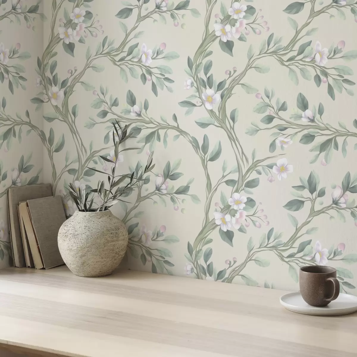 Papel de parede Ramos delicados em flor sobre fundo creme, tons pastel a00793