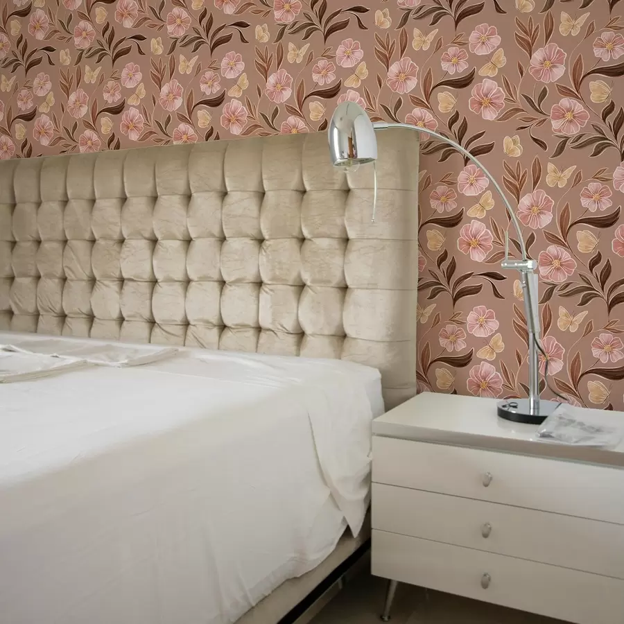 murais de parede Flores cor-de-rosa e borboletas sobre um fundo castanho quente a00633v1