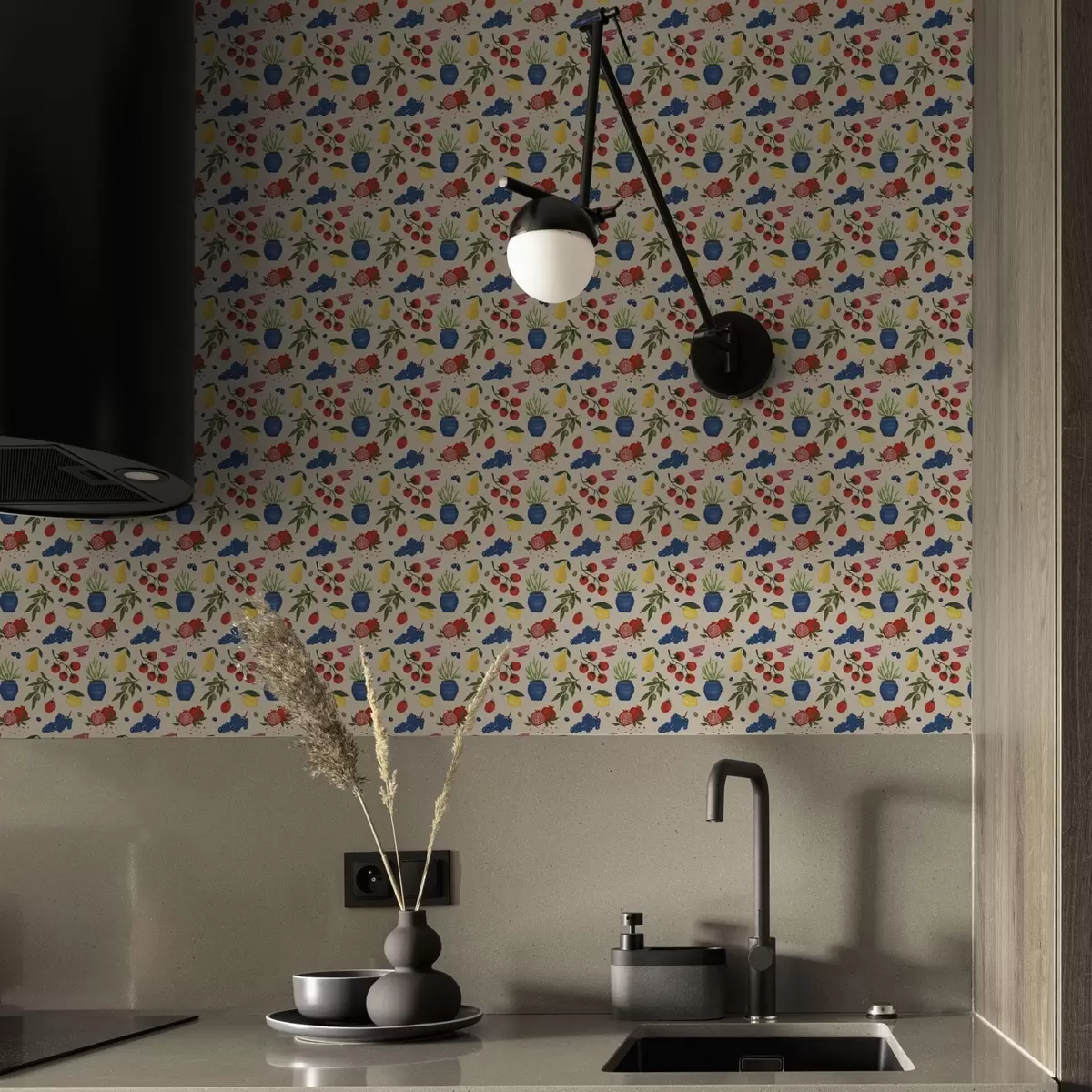 Papel de parede Padrão vibrante com frutas, ramos e vasos a00637