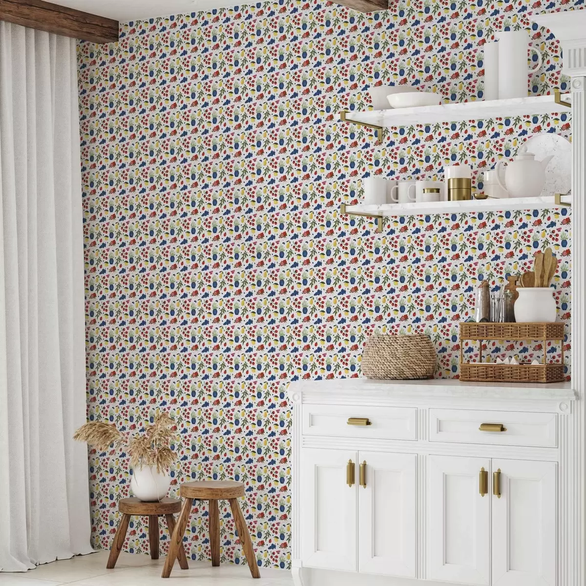 Papel de parede Padrão botânico com frutas brilhantes sobre fundo branco a00637v1