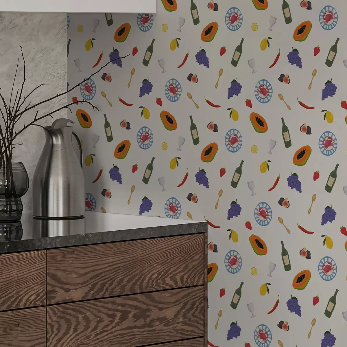 Papel de parede Frutas, vinho e especiarias dispostos sobre um fundo claro a00639