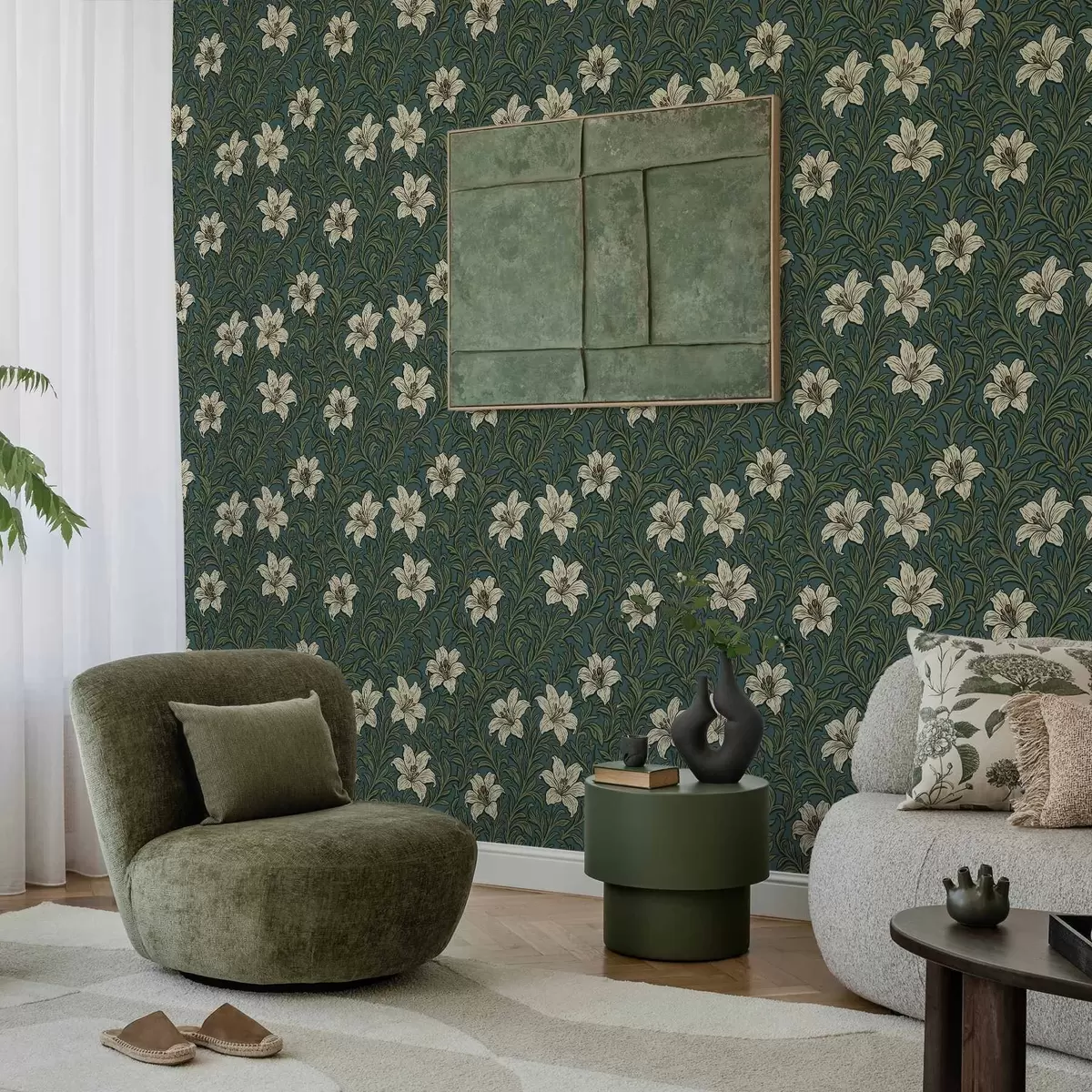 Papel de parede Lírios creme entre vegetação densa sobre fundo turquesa a00645