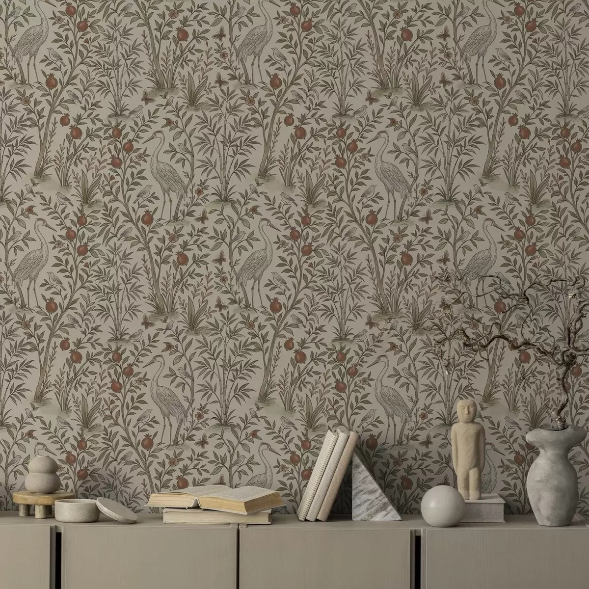 Papel de parede Pássaros entre romãzeiras num ambiente natural a00699