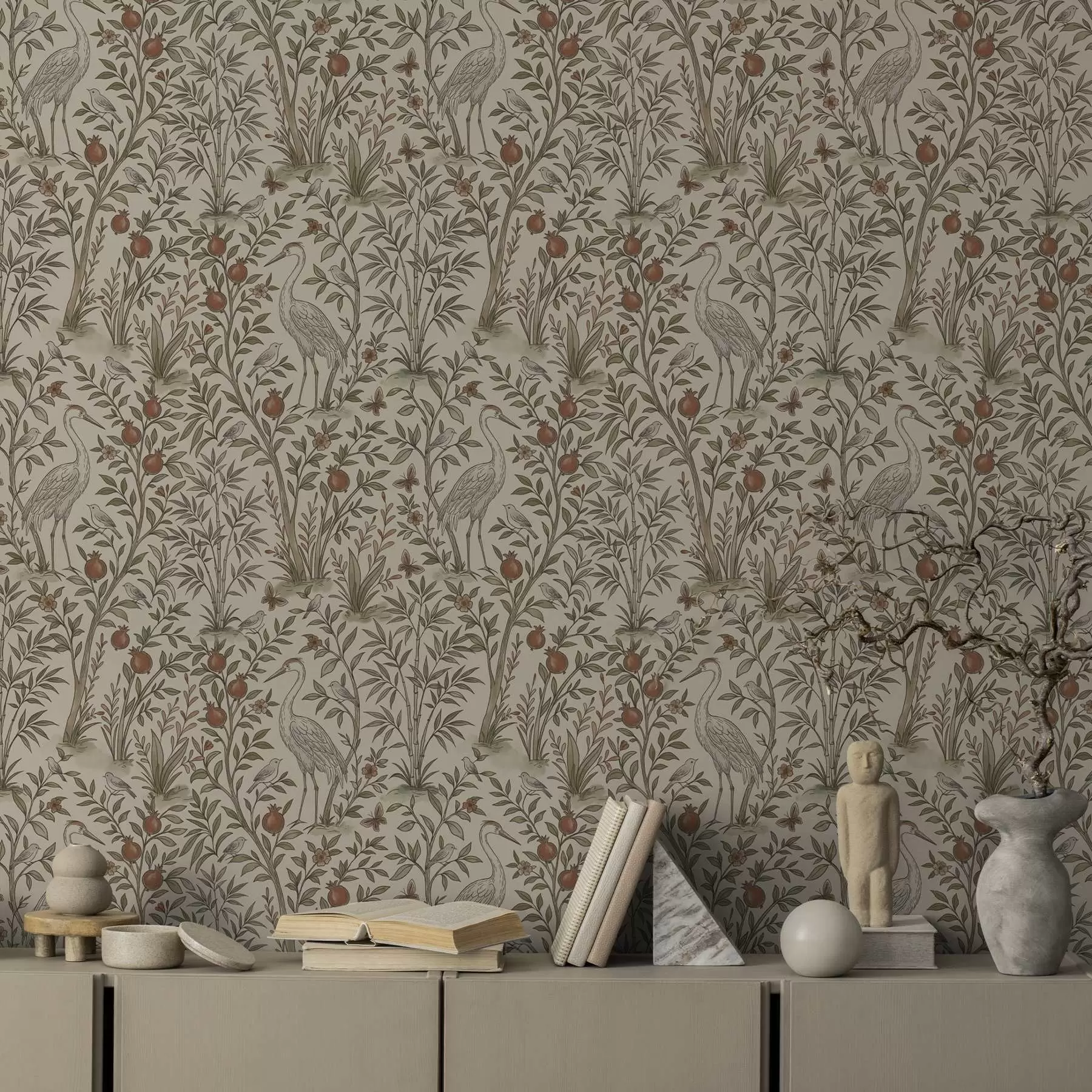 murais de parede Pássaros entre romãzeiras num ambiente natural a00699