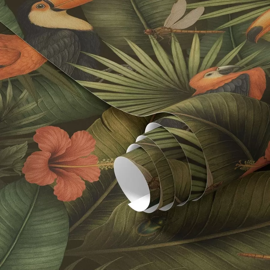 murais de parede Tucanos e papagaios entre folhagem tropical e flores a00702