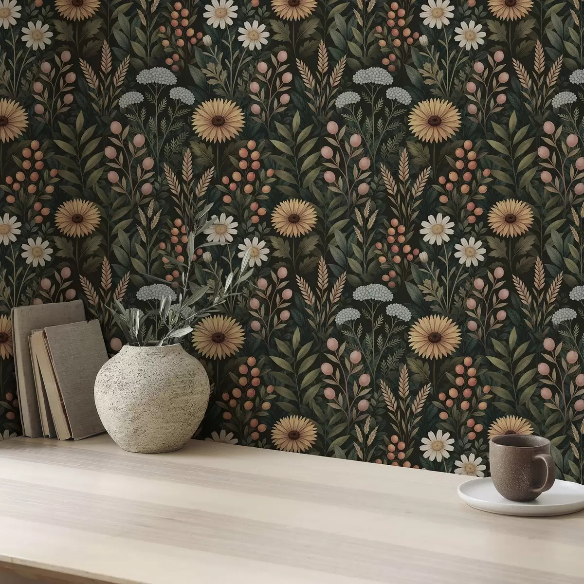 Papel de parede Flores silvestres e bagas sobre fundo escuro, ornamento natural a00707