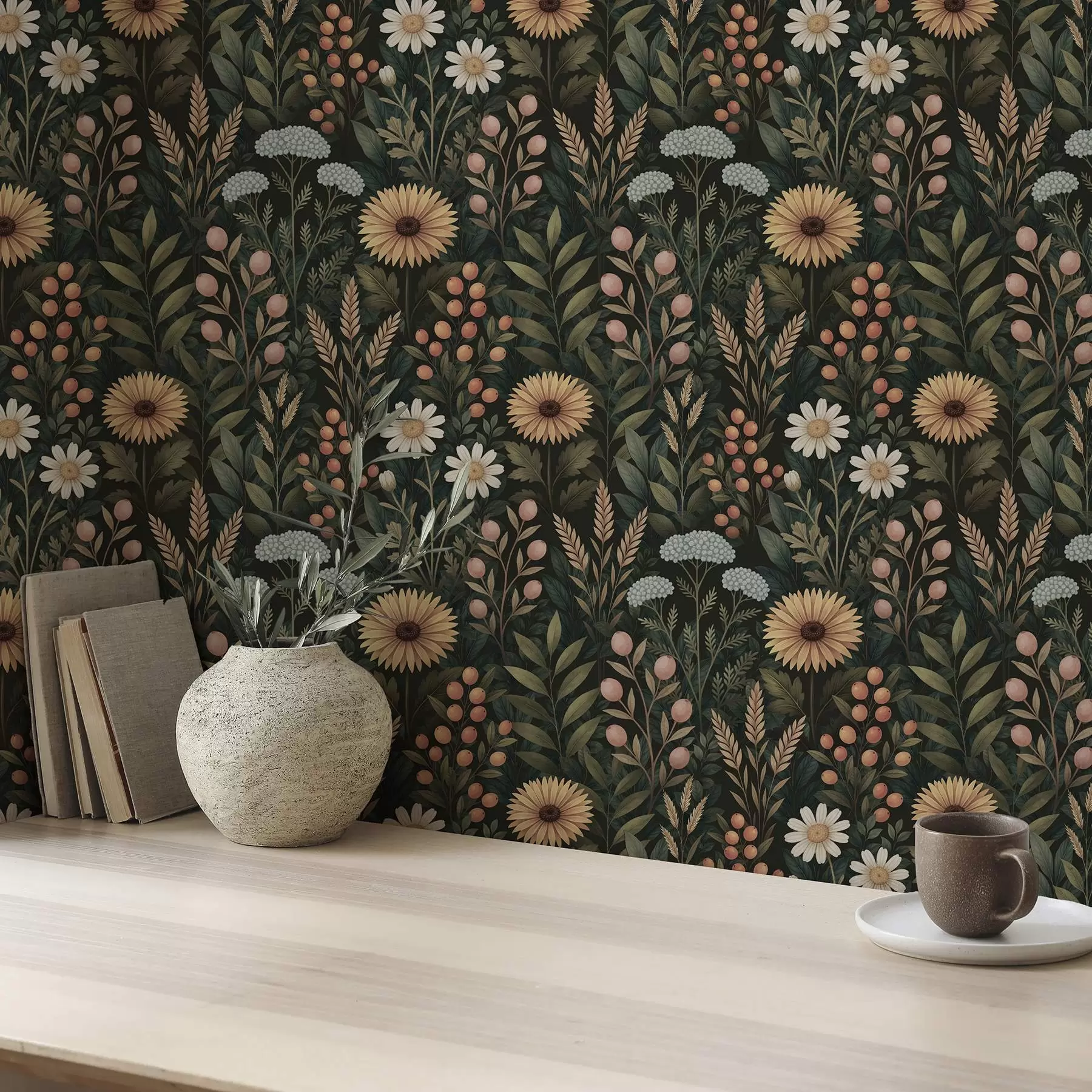 murais de parede Flores silvestres e bagas sobre fundo escuro, ornamento natural a00707